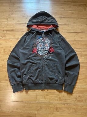 Billabong brown hooded Sweatshirt with orange Lining and Sugar Skull Graphic